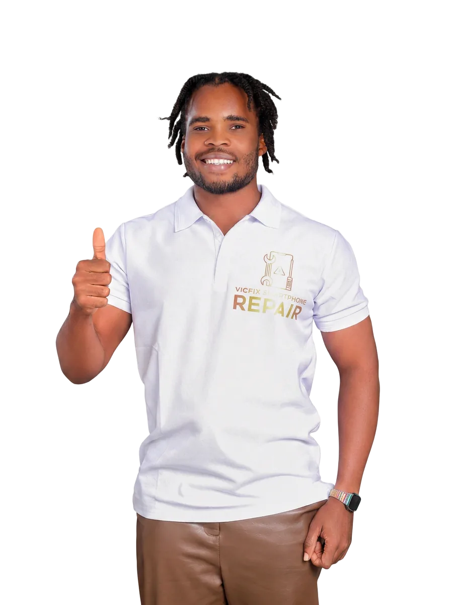 Victor, founder of VICFIX Smartphone Repair — wearing branded polo, giving a thumbs up